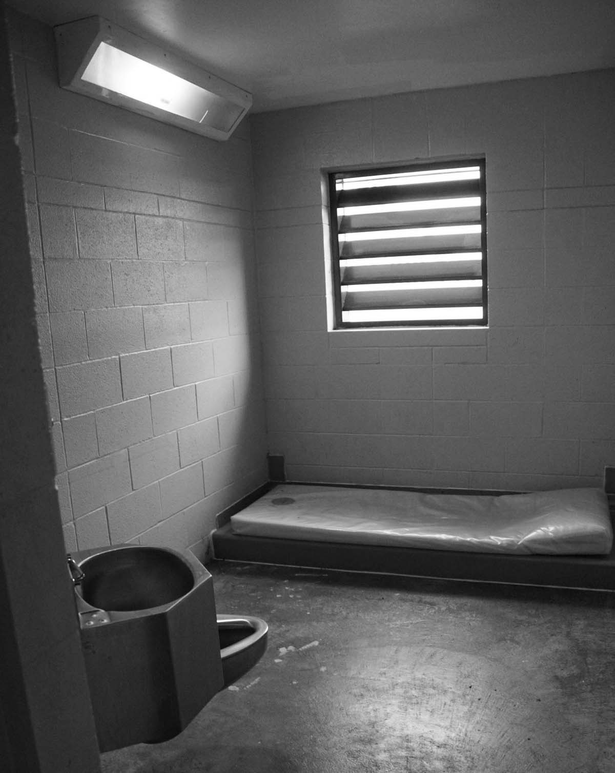Photo of the interior of a small solitary confinement cell containing a toilet, sink and small bed on the floor.